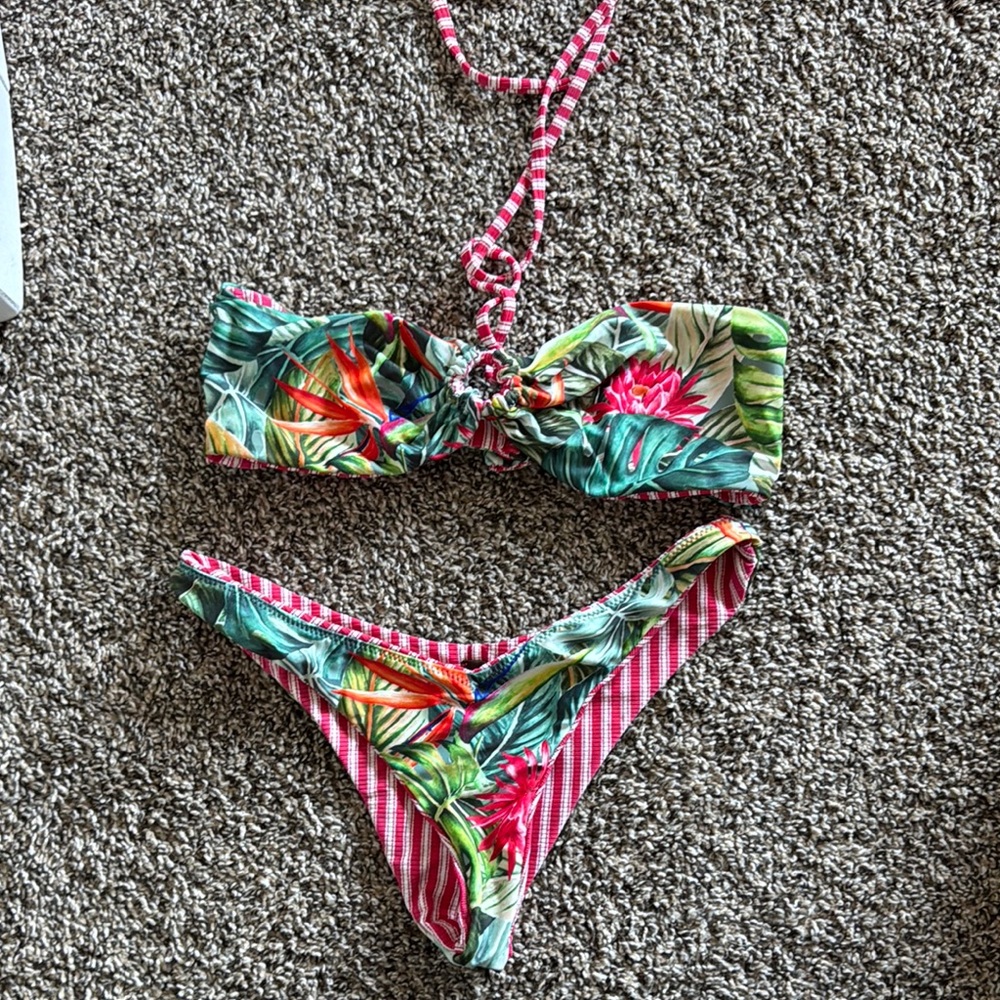 Tropical Print Bikini Set reversible red white stripe